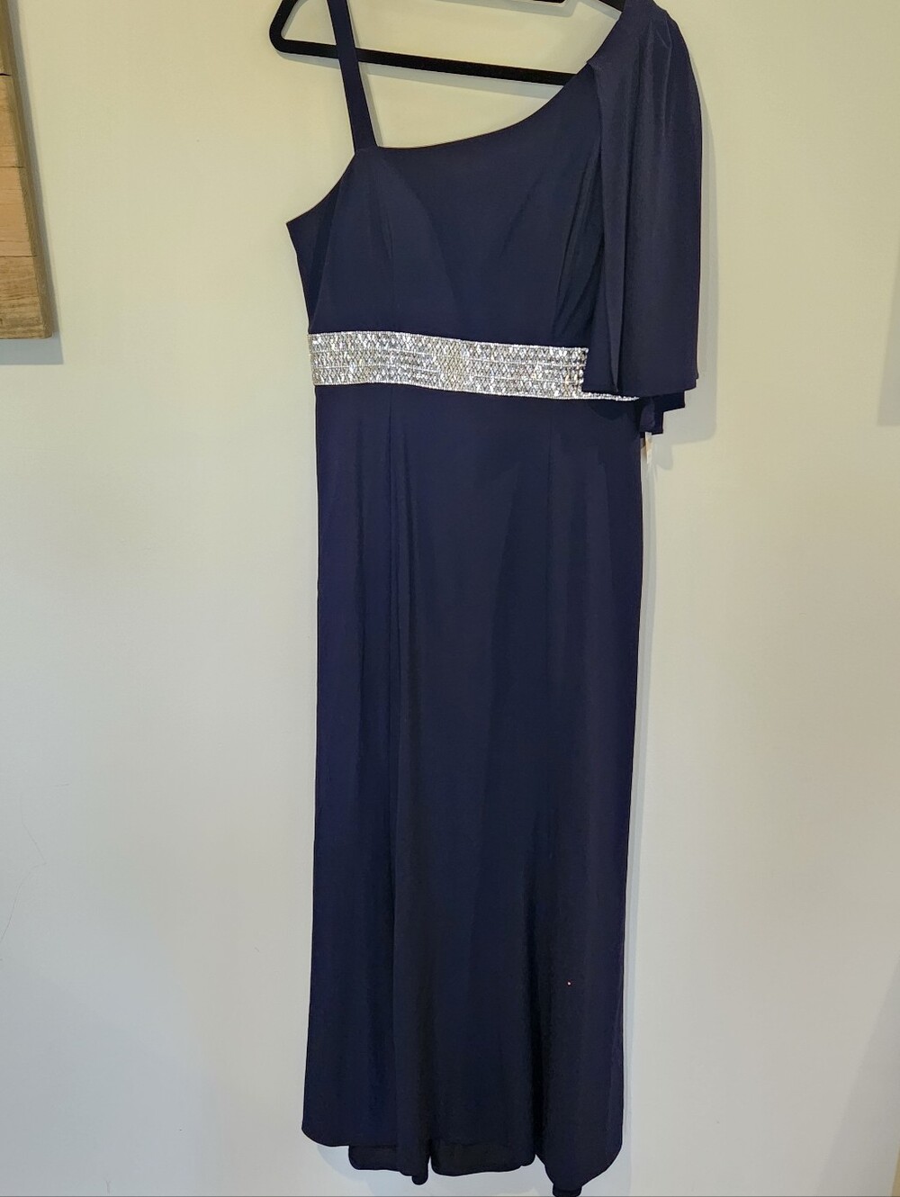 R&M Richards Navy One-Shoulder Evening Gown with Rhinestone Waist